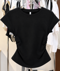 Áo thun cổ tròn nhúm eo cotton co giãn 4 chiều mềm mại, thoáng mát