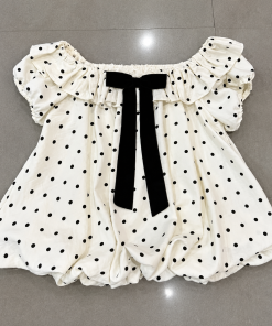 Áo Babydoll Nữ Chấm Bi Cổ Sen Bèo Nhún Nơ Đen – Áo Kiểu Trắng Vintage Hàn Quốc Nàng Thơ