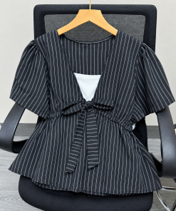 Áo Kiểu Nữ Sọc Đen Trắng Cổ Tròn Tay Bồng Thắt Nơ Eo – Áo Peplum Nữ Xòe Che Bụng Thanh Lịch